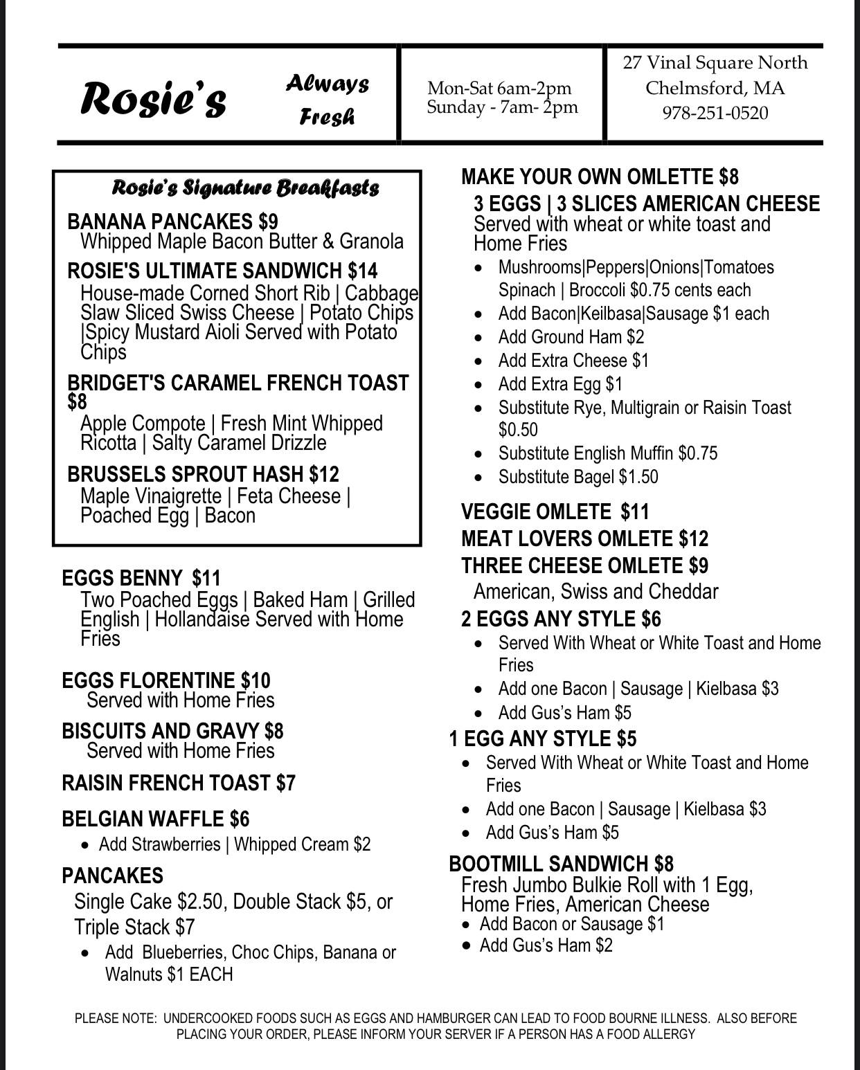 Rosie s Diner Menu